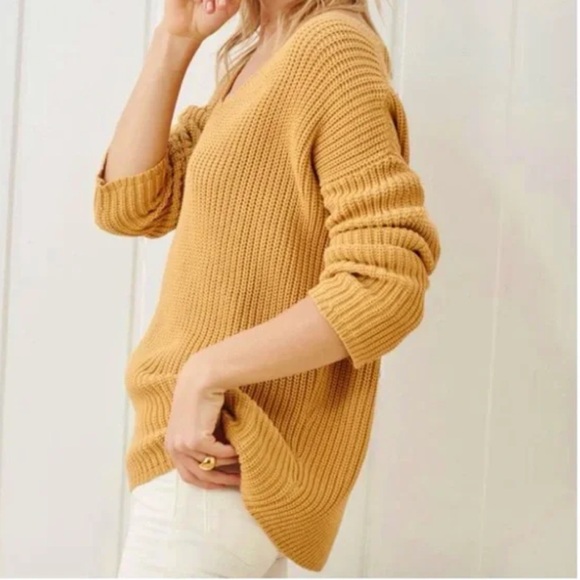 Jenni Kayne Sweaters - JENNI KAYNE Fisherman Organic Cotton V Neck Knit Sweater in Mustard Size Medium